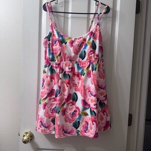 Pink Floral One-Piece Swimdress with Adjustable Straps